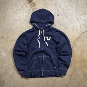 Vintage Y2K Black True Religion Logo Buddha Zip Up Hoodie Size Medium